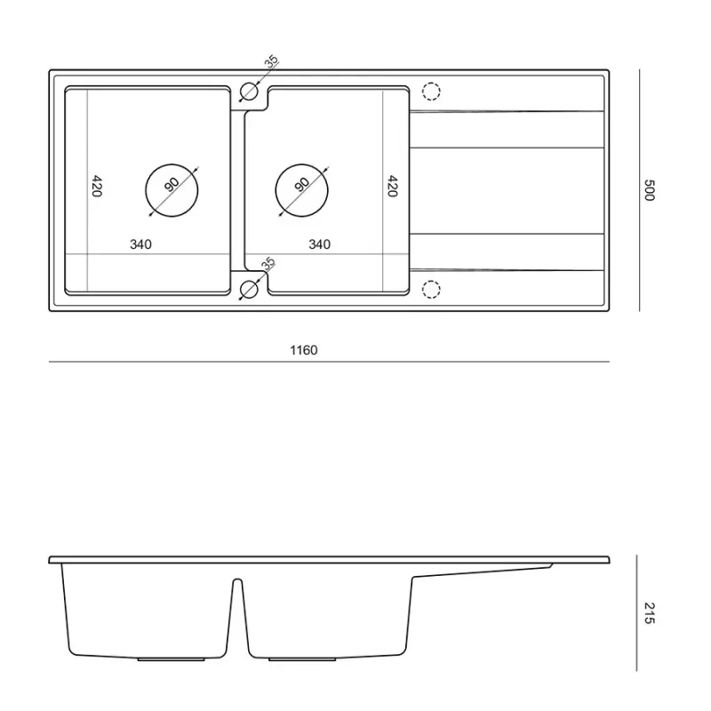 Quadri Luton opbouw dubbele graniet spoelbak antraciet met afdruipgedeelte 116x50 cm met rvs plug 1208967363