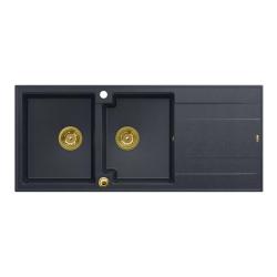 Quadri Luton opbouw dubbele graniet spoelbak antraciet met afdruipgedeelte 116x50 cm met gouden plug 1208967364