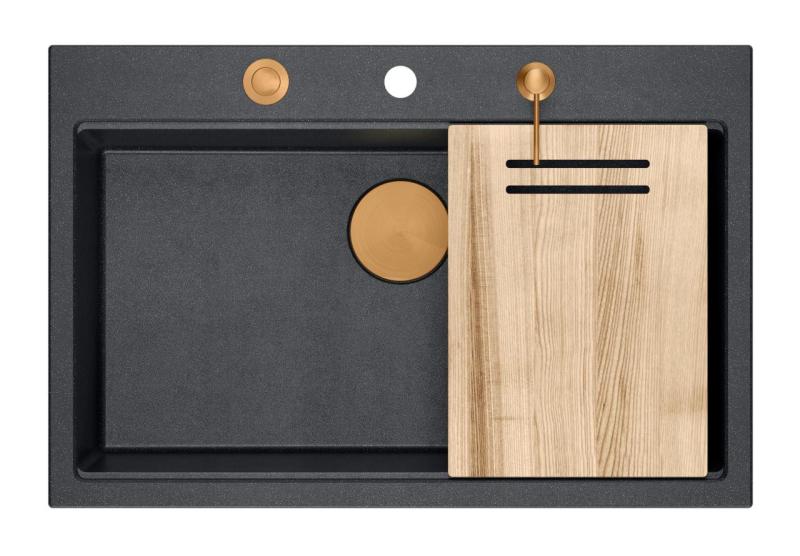 Quadri Hard Rock antraciet granieten opbouw grote spoelbak 76x50cm inclusief koperen plug en accessoires 1208967445