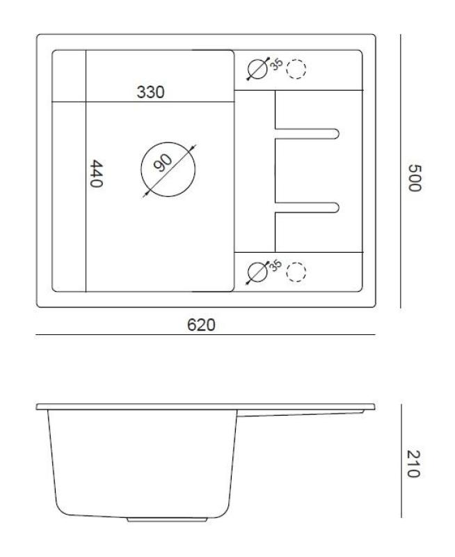 Quadri Dalton wit granieten opbouw spoelbak met afdruipvlak 62x50cm met rvs plug 1208967573