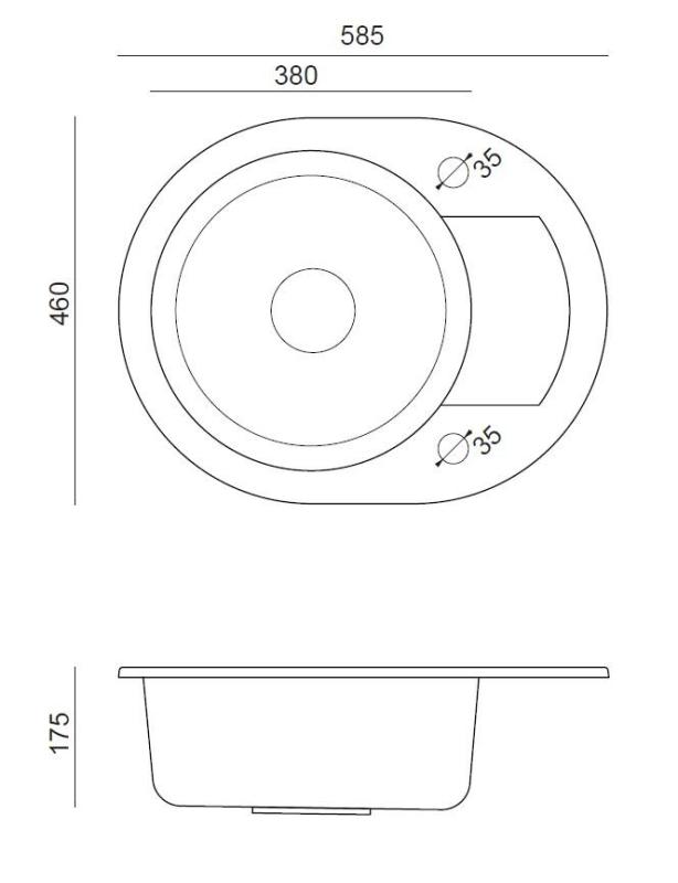 Quadri Londen Grijs Granieten Ronde Spoelbak met Afdruipgedeelte  en RVS plug 585x460mm Omkeerbaar - 1208967772