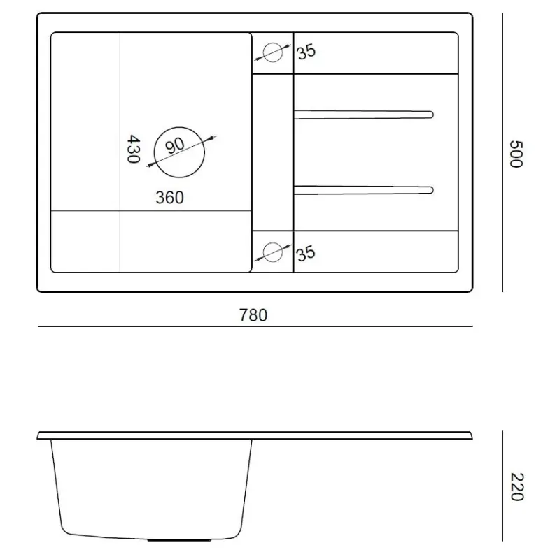 Quadri Sheffield Grijze Granieten Opbouw Spoelbak 78x50cm met Afdruipgedeelte en RVS Plug - 1208967793