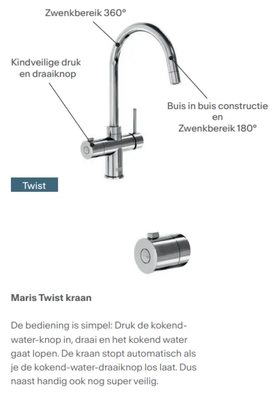 Franke Maris water hub 4L boiler 3-1 met Twist mechanische kokend water kraan RVS 160.0711.523