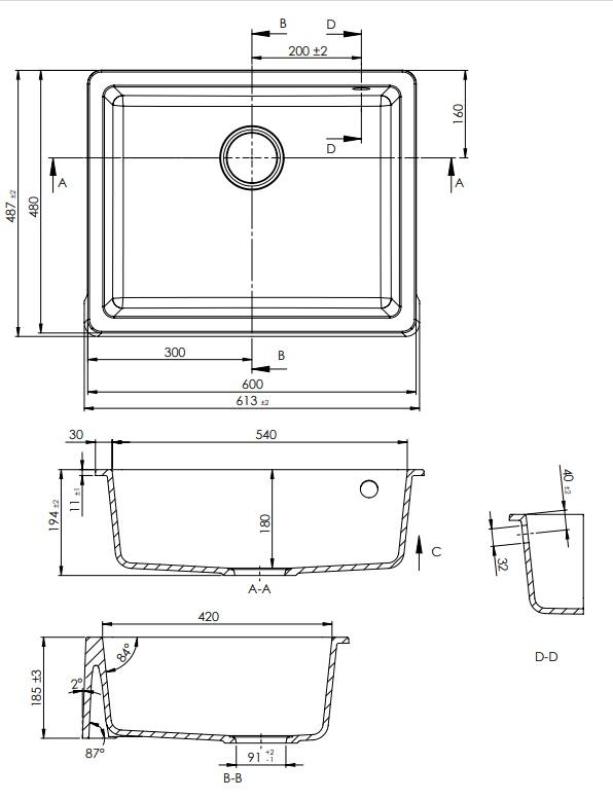 GraniteMy Tradition Landelijke Gootsteen Granieten Spoelbak 60x48 cm Zwart Onderbouw en Vlakbouw met Gouden Plug 1208967938
