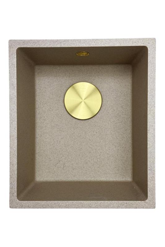 GraniteMy Universal granieten beige zand spoelbak 34x40 cm opbouw onderbouw en vlakinbouw met gouden plug 1208968008