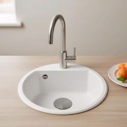 GraniteMy Bremen ronde granieten spoelbak 43 cm wit opbouw en onderbouw met kraangatbank met gun metal plug 1208971220