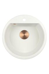 GraniteMy Bremen ronde granieten spoelbak 43 cm wit opbouw en onderbouw met kraangatbank met koper plug 1208971222