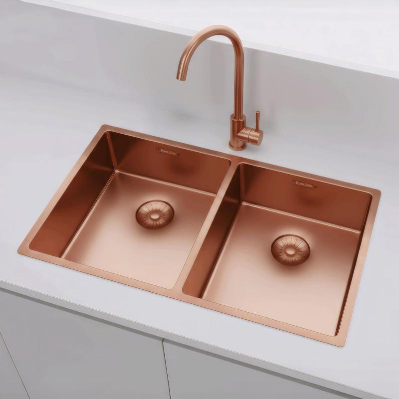Pure.Sink Prestige Dubbele Koperen spoelbak 70x40cm 10mm radius onderbouw, vlakbouw en opbouw PPG343440-62