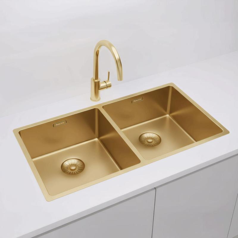 Pure.Sink Prestige Dubbele Gouden spoelbak 82x40 cm 10mm radius onderbouw, vlakbouw en opbouw PPG404040-60