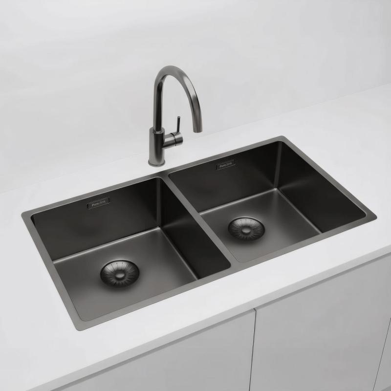 Pure.Sink Prestige Dubbele Gun metal spoelbak 82x40 cm 10mm radius onderbouw, vlakbouw en opbouw PPG404040-61