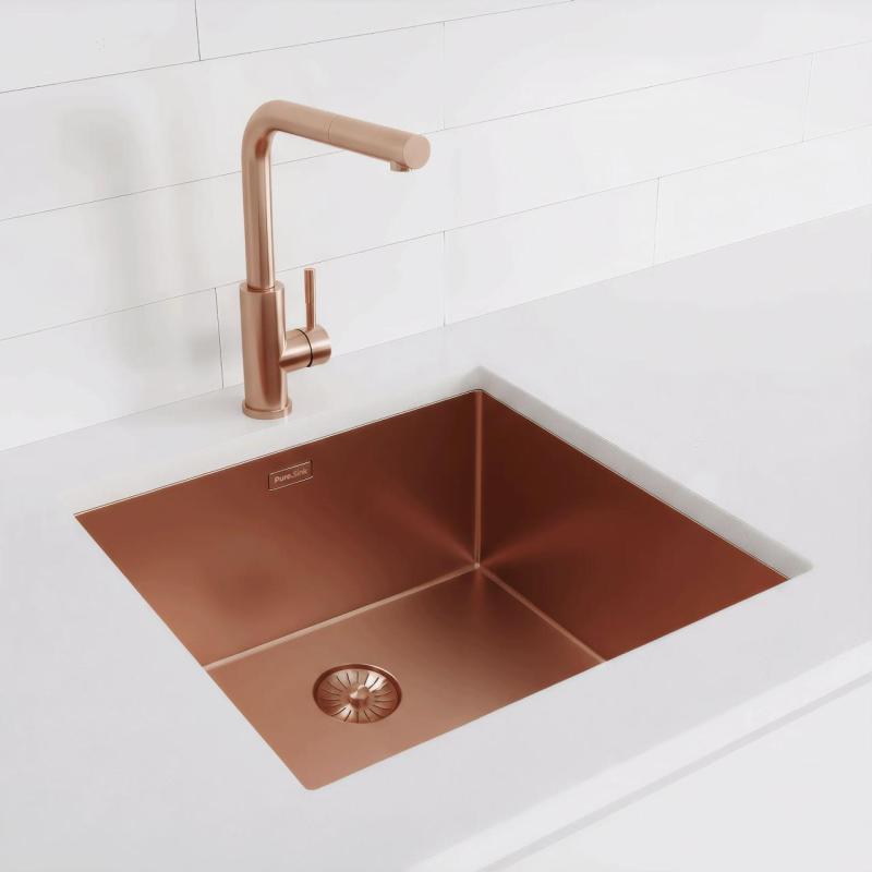 Pure.Sink Exclusivo Koperen spoelbak 45x40 cm 10mm radius onderbouw, vlakbouw en opbouw PEX4540-62