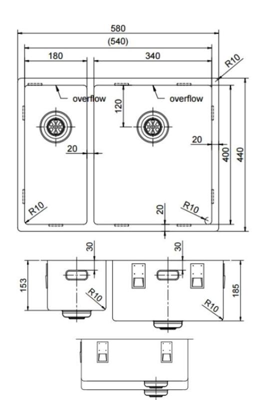 Pure.Sink Exclusivo RVS 1,5 anderhalve spoelbak 18+34 cm  10mm radius PEX183440-02