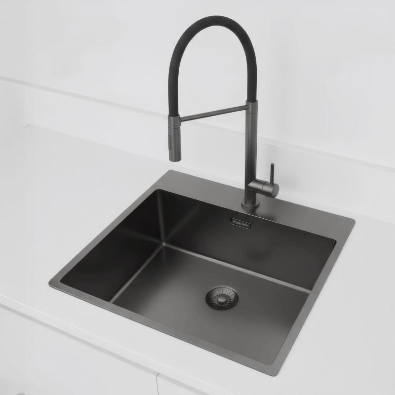 Pure.Sink Exclusivo Gun Metal spoelbak 54x52 cm Tapwing met kraangatbank 10mm radius  PEX5040T-61