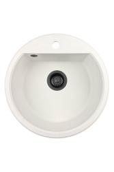 GraniteMy Bremen ronde granieten spoelbak 43 cm wit opbouw en onderbouw met kraangatbank met zwarte plug 1208971312