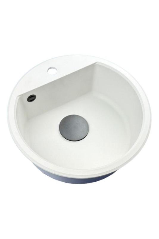 GraniteMy Bremen ronde granieten spoelbak 43 cm wit opbouw en onderbouw met kraangatbank met zwarte plug 1208971312