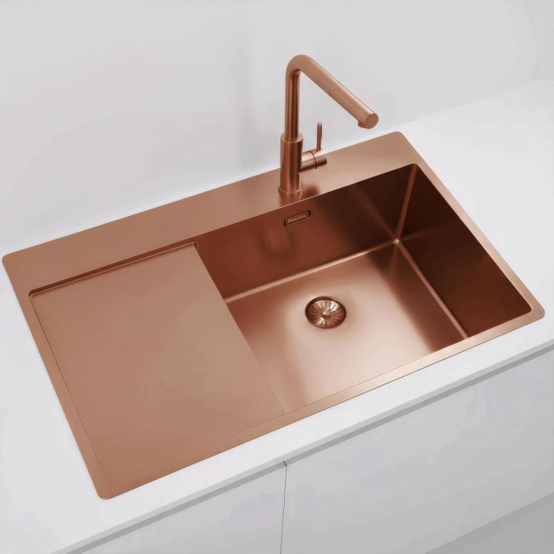 Pure.Sink Exclusivo Koperen spoelbak met afdruipgedeelte 86x52 cm Tapwing rechts PEX5086RT-62