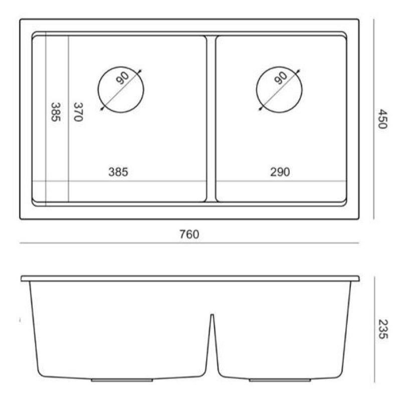 Quadri Newport II Dubbele Taupe Graniet Onderbouw Spoelbak 702 x 390 mm met Gouden plug 1208971382