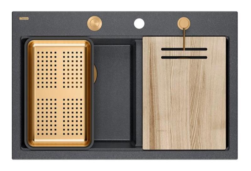 Quadri Hard Rock Dubbele Antraciet Graniet Opbouw Spoelbak 76x50 cm met Koperen plug en accessoires 1208971388