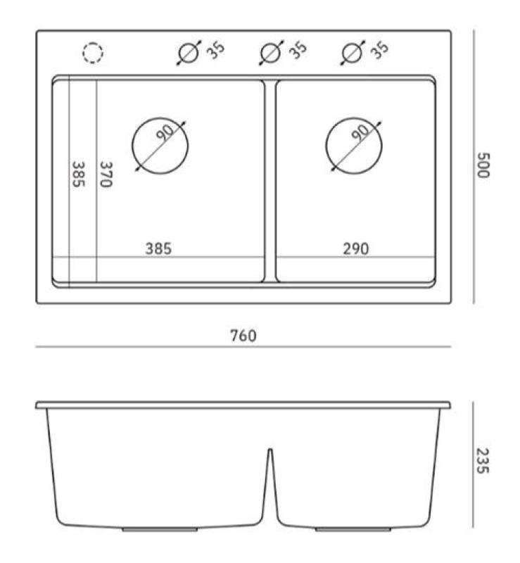 Quadri Hard Rock Dubbele Antraciet Graniet Opbouw Spoelbak 76x50 cm met Koperen plug en accessoires 1208971388