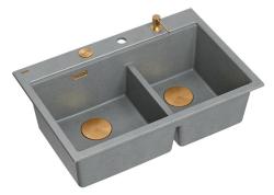 Quadri Hard Rock Dubbele Grijze Graniet Opbouw Spoelbak 76x50 cm met Koperen plug en accessoires 1208971389