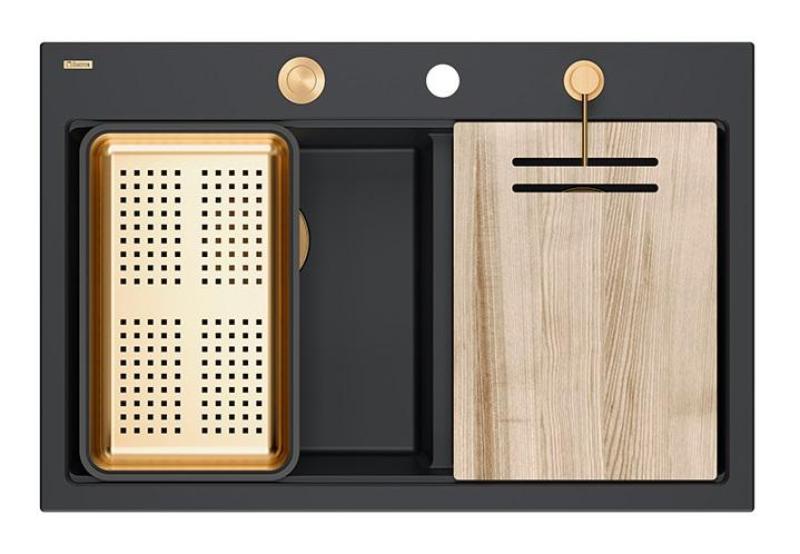 Quadri Hard Rock Dubbele Zwarte Graniet Opbouw Spoelbak 76x50 cm met Koperen plug en accessoires 1208971390