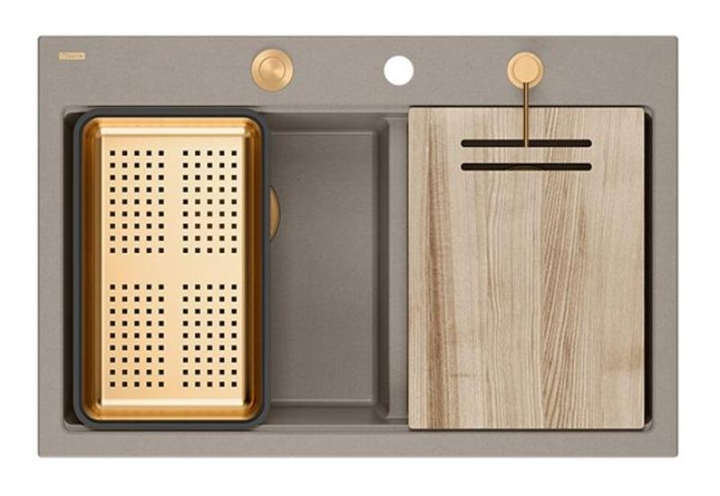 Quadri Hard Rock Dubbele Taupe Graniet Opbouw Spoelbak 76x50 cm met Koperen plug en accessoires 1208971391