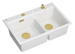 Quadri Hard Rock Dubbele Witte Graniet Opbouw Spoelbak 76x50 cm met Gouden plug en accessoires 1208971392