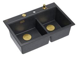 Quadri Hard Rock Dubbele Antraciet Graniet Opbouw Spoelbak 76x50 cm met Gouden plug en accessoires 1208971393