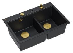 Quadri Hard Rock Dubbele Zwarte Graniet Opbouw Spoelbak 76x50 cm met Gouden plug en accessoires 1208971395