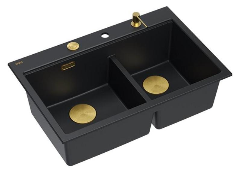 Quadri Hard Rock Dubbele Zwarte Graniet Opbouw Spoelbak 76x50 cm met Gouden plug en accessoires 1208971395