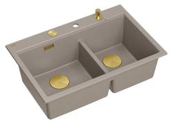 Quadri Hard Rock Dubbele Taupe Graniet Opbouw Spoelbak 76x50 cm met Gouden plug en accessoires 1208971396