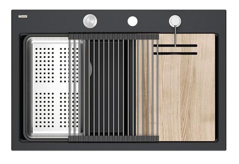 Quadri Hard Rock Dubbele Zwarte Graniet Opbouw Spoelbak 76x50 cm met RVS plug en accessoires 1208971401