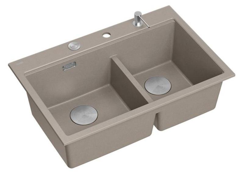 Quadri Hard Rock Dubbele Taupe Graniet Opbouw Spoelbak 76x50 cm met RVS plug en accessoires 1208971402