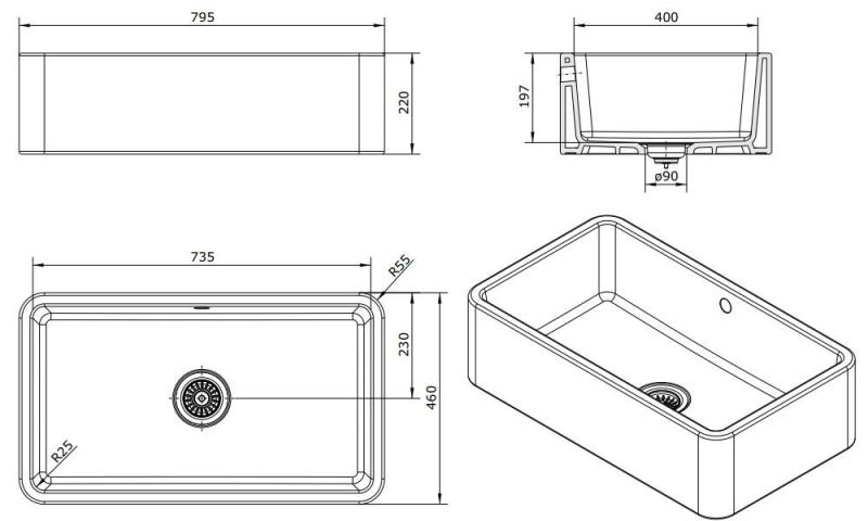 Ausmann Ceramic Mira Keramische Witte Spoelbak - Onderbouw en Tussenbouw 795 x 460 mm met Koperen plug 1208971467