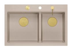 Quadri Hard Rock Dubbele Beige Graniet Opbouw Spoelbak 76x50 cm met Gouden plug en accessoires 1208971663