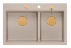 Quadri Hard Rock Dubbele Beige Graniet Opbouw Spoelbak 76x50 cm met Koperen plug en accessoires 1208971726
