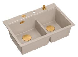 Quadri Hard Rock Dubbele Beige Graniet Opbouw Spoelbak 76x50 cm met Koperen plug en accessoires 1208971726