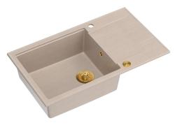 Quadri Luton pearl beige granieten grote opbouw spoelbak met afdruipvlak omkeerbaar 86x50cm met gouden plug 1208971774