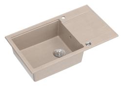 Quadri Luton pearl beige granieten grote opbouw spoelbak met afdruipvlak omkeerbaar 86x50cm met rvs plug 1208971775