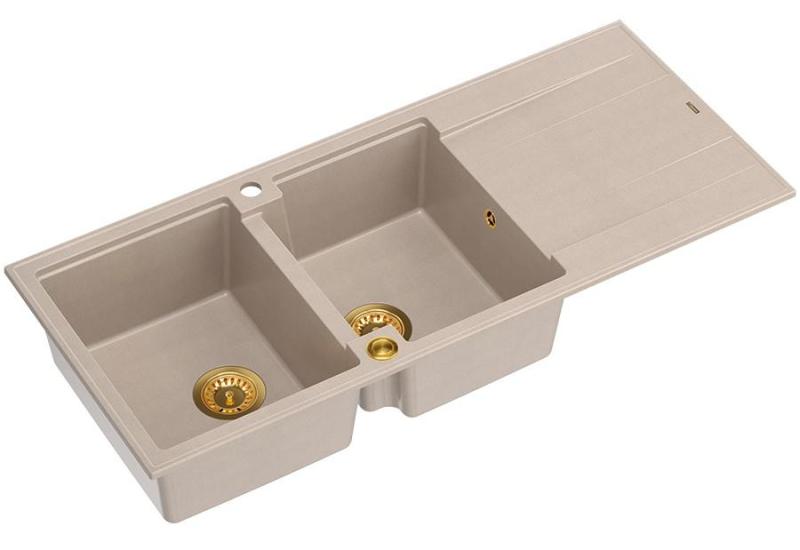 Quadri Luton opbouw dubbele graniet spoelbak pearl beige met afdruipgedeelte 116x50 cm met gouden plug 1208971809