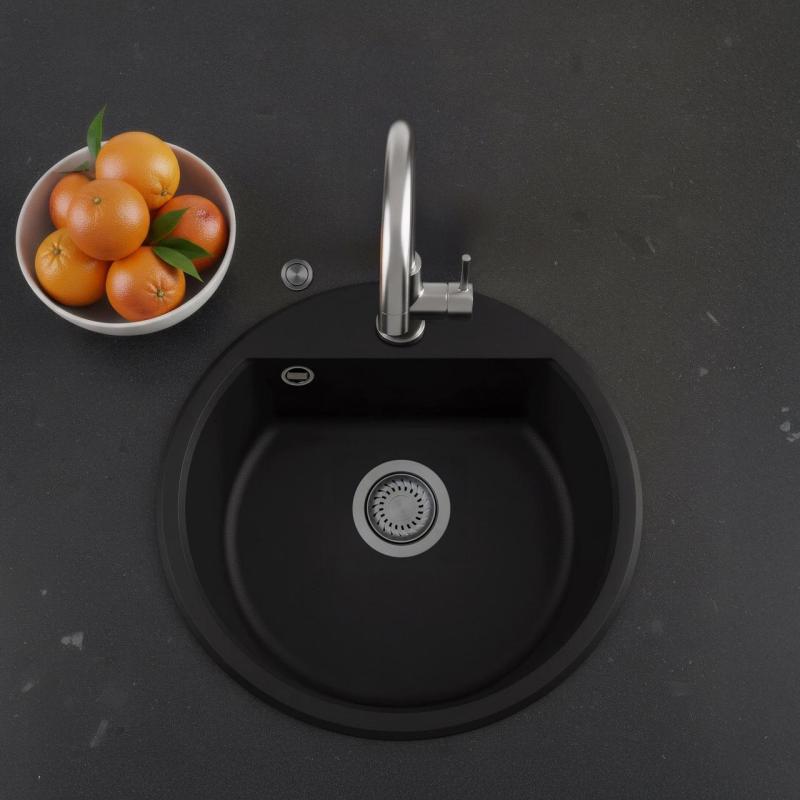 GraniteMy Bremen ronde granieten spoelbak 43 cm zwart, opbouw en onderbouw, met kraangatbank en automatische gun metal plug 1208971844