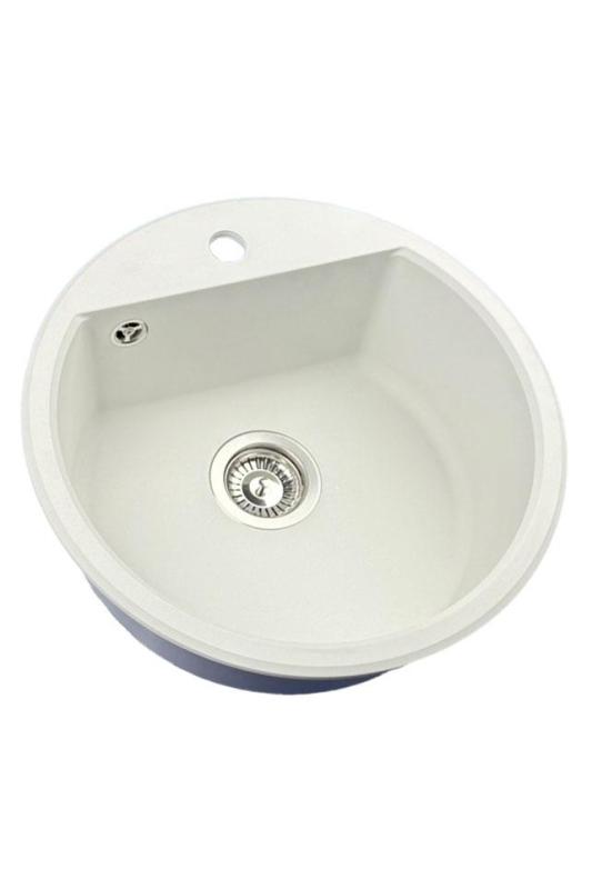 GraniteMy Bremen ronde granieten spoelbak 43 cm wit, opbouw en onderbouw, met kraangatbank en automatische rvs plug 1208971845