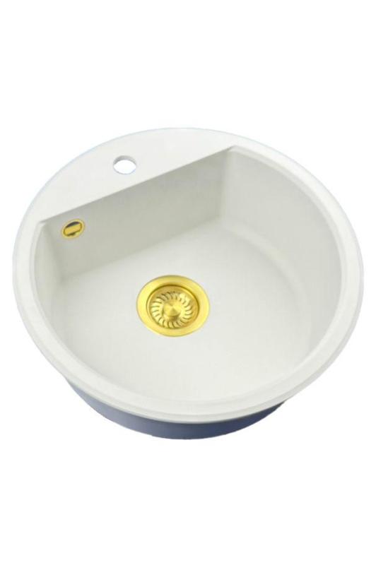GraniteMy Bremen ronde granieten spoelbak 43 cm wit, opbouw en onderbouw, met kraangatbank en automatische gouden plug 1208971848