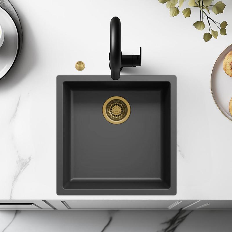 Ausmann Fibre zwarte spoelbak 40x40cm onderbouw, opbouw en vlakinbouw met automatische gouden plug 1208971853