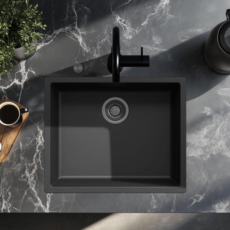 Ausmann Fibre zwarte spoelbak 50x40cm onderbouw, opbouw en vlakbouw met automatische gun metal plug 1208971860