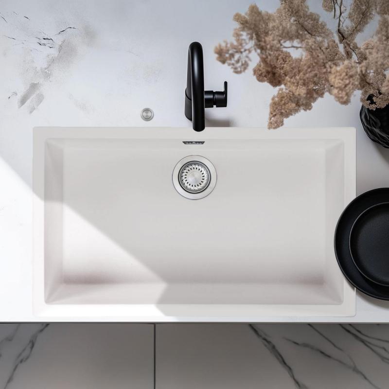 Ausmann Fibre wit grote spoelbak 70x40cm onderbouw, opbouw en vlakinbouw met automatische RVS plug 1208971904