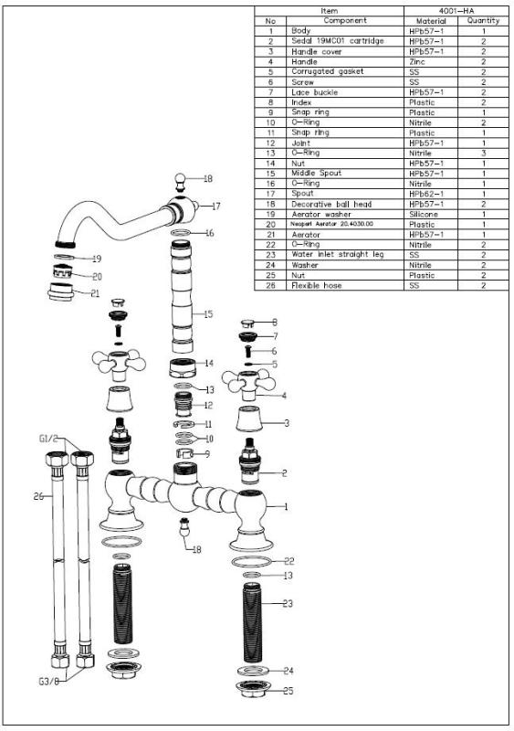 Aquanello Heritage Ascot Klassieke Keuken Nostalgische Brug Keukenkraan Zwart met Kruishendels BL-0011-HM