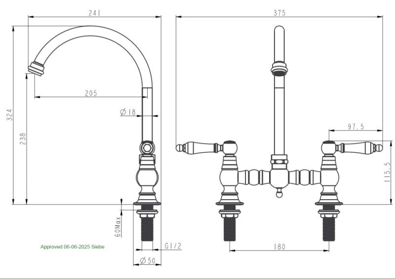Aquanello Heritage Manor Klassieke Keuken Nostalgische Brug Keukenkraan Brons met Witte Hendel en ronde Uitlop BN-4001-HA