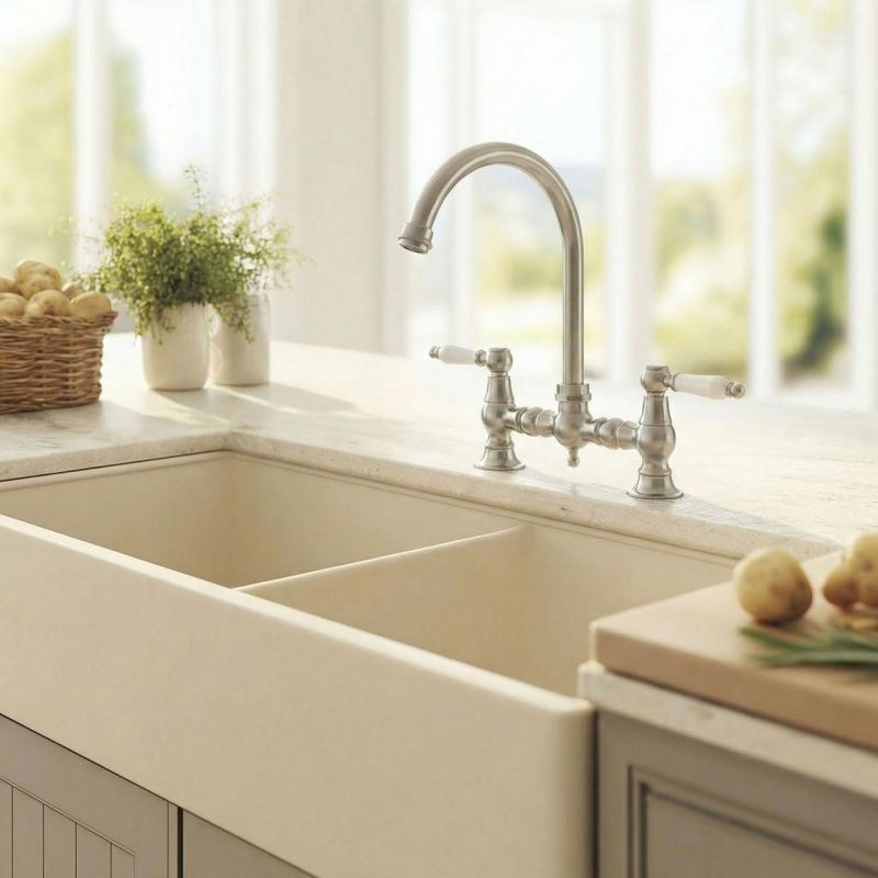 Aquanello Heritage Manor Klassieke Keuken Nostalgische Brug Keukenkraan RVS met Witte Hendel en Ronde Uitloop NB-4001-HA